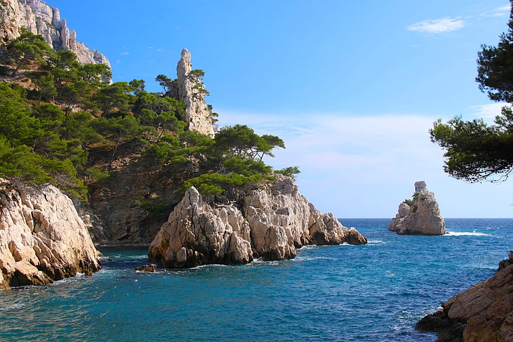 naturaleza, paisaje, mar, árboles, rocas, playa, costa, isla, Francia, Fondo de pantalla HD