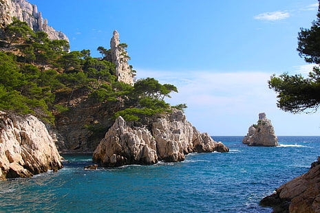 nature, landscape, sea, trees, rock, beach, coast, island, France, HD wallpaper HD wallpaper