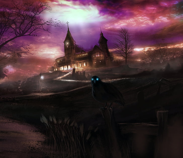 black crow with shining eyes digital arwork, crows, creepy, house, hill, dark, HD wallpaper