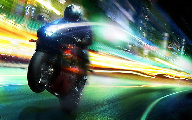 tidsinställd fotografi av mannen som kör på sportcykel, motorcykel, lång exponering, strimmor, rörelseoskärpa, ljusleder, fordon, körning, HD tapet