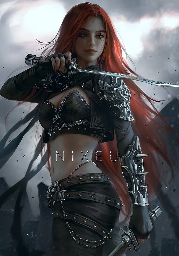 Nixeu, drawing, women, redhead, long hair, scars, black clothing, dagger, chains, sky, HD wallpaper