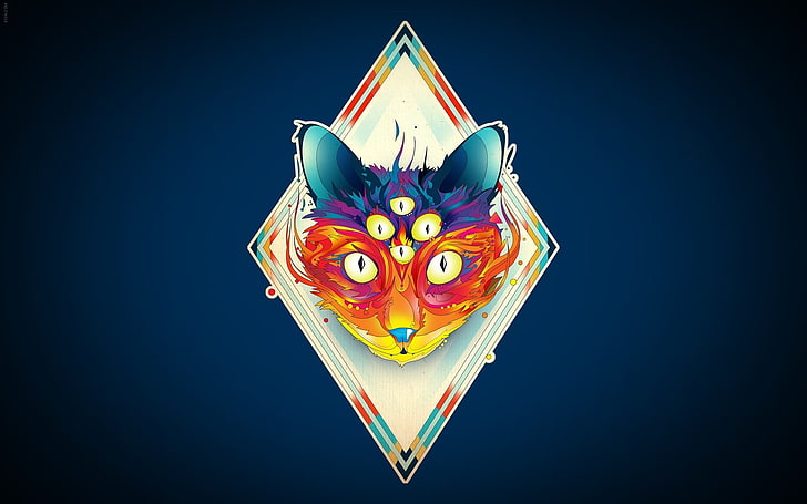 renard rouge et bleu sarcelle avec logo de six yeux, Matei Apostolescu, surréaliste, œuvres d'art, yeux, fond bleu, chat, coloré, Fond d'écran HD