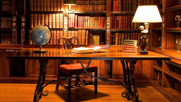 furniture, table, interior design, wood, chair, books, library room, library, desk, antique, HD wallpaper