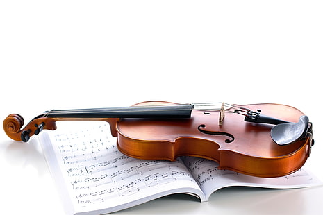 коричневая и черная скрипка, ноты, скрипка, струны, белый фон, журнал, музыкальный инструмент, HD обои HD wallpaper