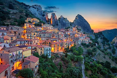 горы, рассвет, здания, дома, утро, склон, Италия, Базиликата, Кастельмеццано, HD обои HD wallpaper