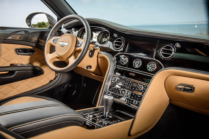 고급 자동차, Bentley Mulsanne, 2015 Detroit Auto Show.NAIAS, 인테리어, 가죽, 벤틀리, 메탈릭, 플라잉 B, HD 배경 화면