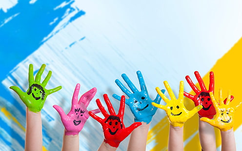 seven children hands with paints photo, hands, paint, children, happiness, positive, smile, HD wallpaper HD wallpaper