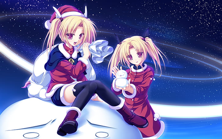 Anime Girls, Blond, Weihnachtsmützen, Kniestrümpfe, Schneemänner, Nacht, Sterne, Magus Tale, Nina Geminis, Rena Geminis, HD-Hintergrundbild