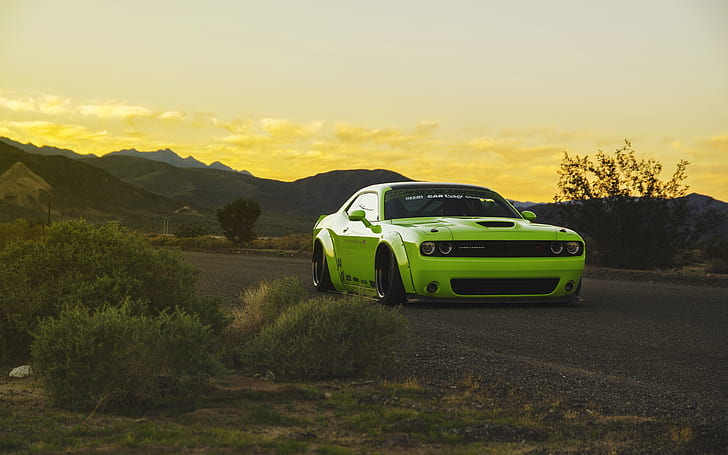verde, puesta a punto, Dodge Challenger, muscle car, bajo, caminata libre, Fondo de pantalla HD