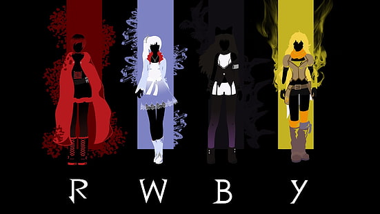 Cartaz do RWBY, RWBY, Blake Belladonna, Weiss Schnee, Yang Xiao Long, Ruby Rose (personagem), garotas de anime, tipografia, HD papel de parede HD wallpaper