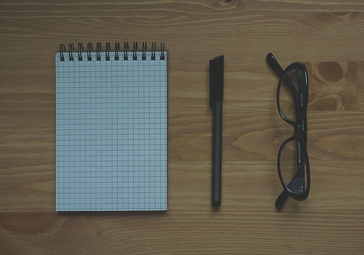 desk, eyeglasses, eyewear, notebook, notepad, pen, table, wood, HD wallpaper