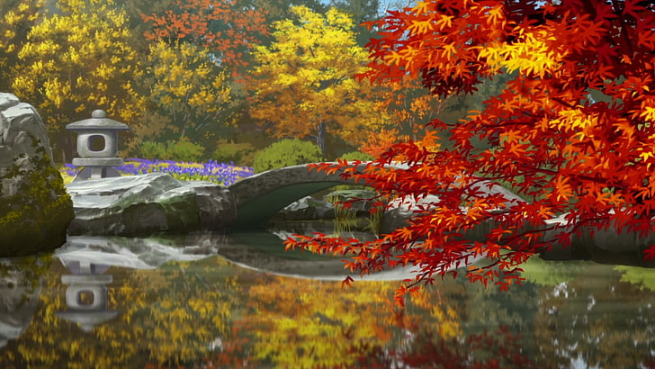 빨간색과 검은 색 꽃 섬유, 애니메이션, 나무, 자연, HD 배경 화면