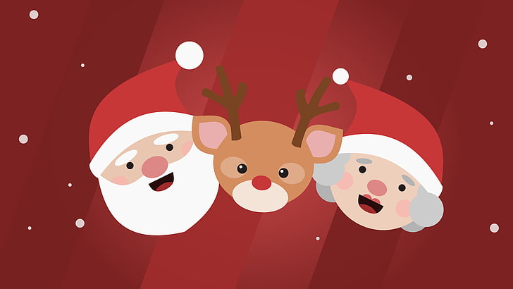 Santa Claus, Rudolph und Frau Santa Illustration, Weihnachten, Santa Claus, Rentier, Rudolph das rotnasige Rentier, Minimalismus, HD-Hintergrundbild