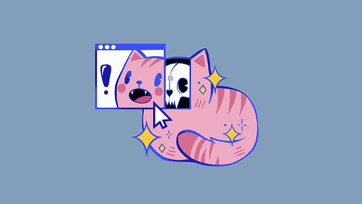 cats, minimalism, blue background, simple background, animals, tail, chibi, cat ears, computer, computer mice, computer screen, skull, skeleton, HD wallpaper