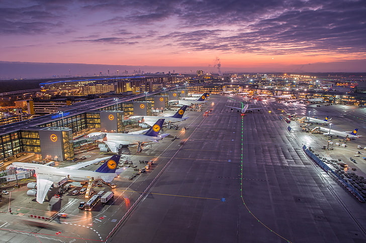 Jerman, Matahari Terbit, Bandara Frankfurt, Wallpaper HD