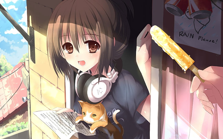 personaje de anime femenino con camisa gris arte vectorial, niña, morena, linda, sonrisa, auriculares, gato, Fondo de pantalla HD