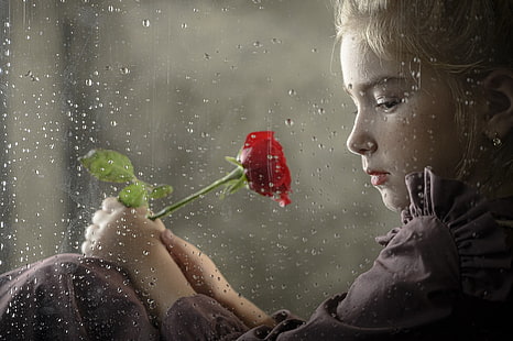 triste, bambini, finestra, pioggia, viso, fiori, Sfondo HD HD wallpaper