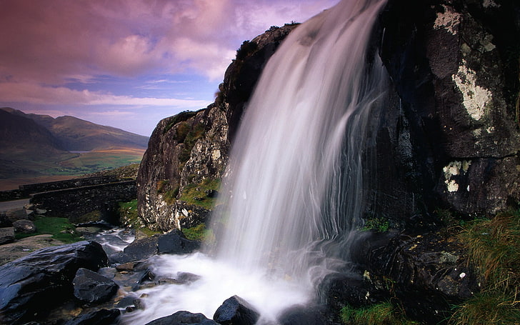 водопад, природа, скали, хълмове, рекички, Ирландия, HD тапет