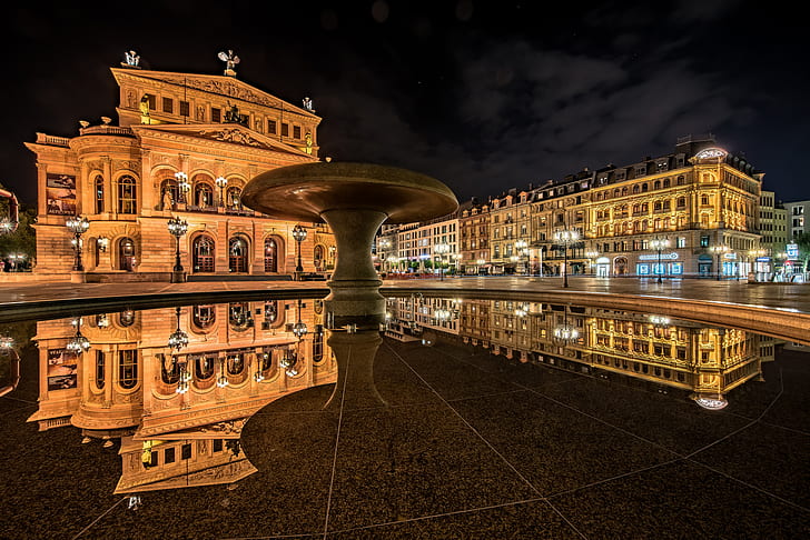 отражение, сграда, Германия, фонтан, нощен град, Франкфурт на Майн, Стара опера, Алте Опер, HD тапет
