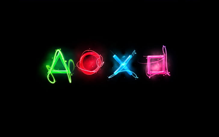 Kolorowe logo Playstation, czarne tło, ikony przycisków kontrolera konsoli do gier, Playstation, kolorowe, logo, czarne, tło, Tapety HD