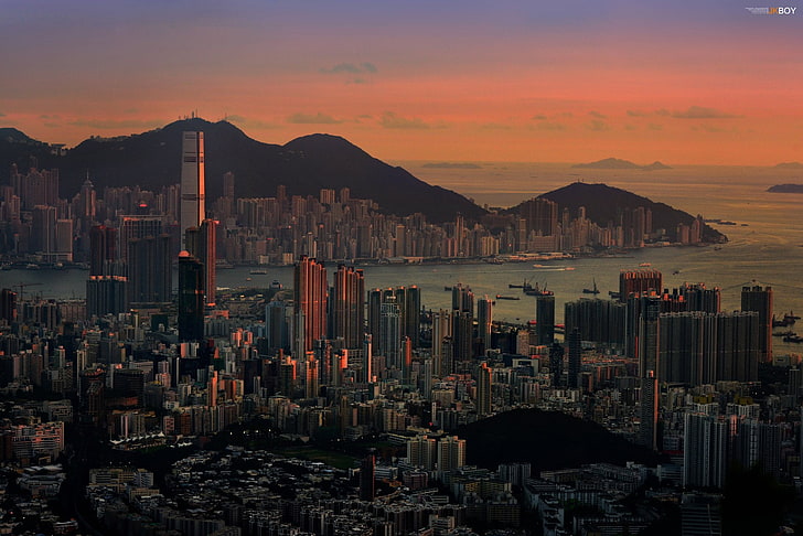 Cities, Hong Kong, China, Harbor, Landscape, Megapolis, Sea, Sunset, HD wallpaper