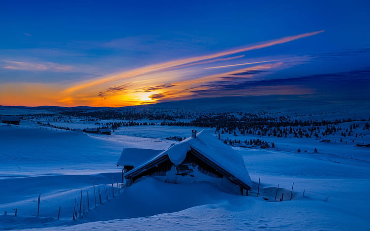 Winter, snow, mountains, morning, blue, sunrise, house, Winter, Snow, Mountains, Morning, Blue, Sunrise, House, HD wallpaper