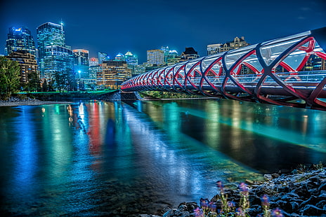 time lapsed photography of bridge with river, peace bridge, calgary, canada, peace bridge, calgary, canada, Peace Bridge, Canada, time lapsed, river, Calgary  Alberta, Night Photography, Low Light, Long Exposure, Nikon  D800, Reflection, Fusion, HD wallpaper HD wallpaper