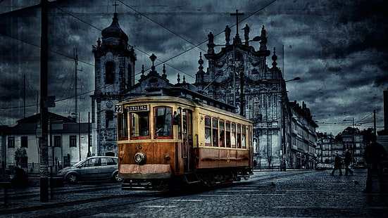 trem, angkutan umum, jalan, jalan, jalur, tua, pemandangan kota, malam, Wallpaper HD HD wallpaper