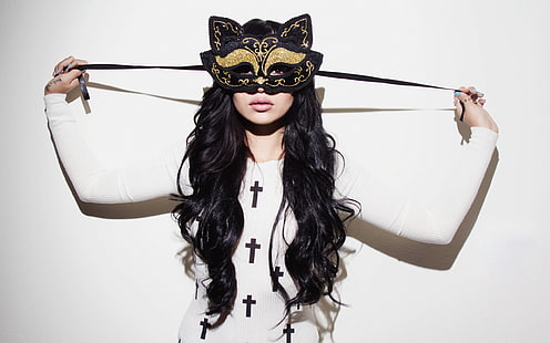 женская черно-коричневая кошка маскарадная маска, девушка, маска, татуировка, белый фон, Ханна Бет, HD обои HD wallpaper