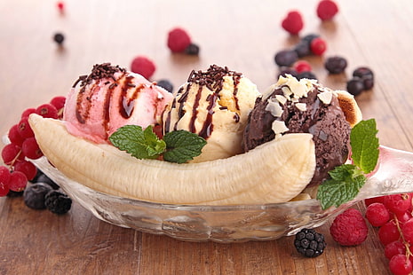 อาหาร, กล้วยสปลิต, กล้วย, เบอร์รี่, ไอศกรีม, วอลล์เปเปอร์ HD HD wallpaper