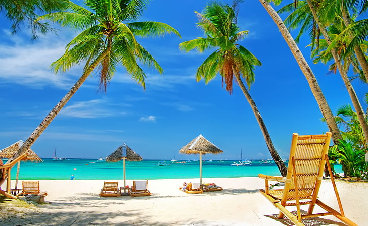Tropical Paradise Beach, beige rattan chair, Seasons, Summer, Beach, Paradise, Tropical, HD wallpaper