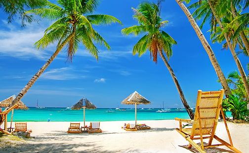 Тропически райски плаж, бежов стол от ратан, сезони, лято, плаж, рай, тропически, HD тапет HD wallpaper