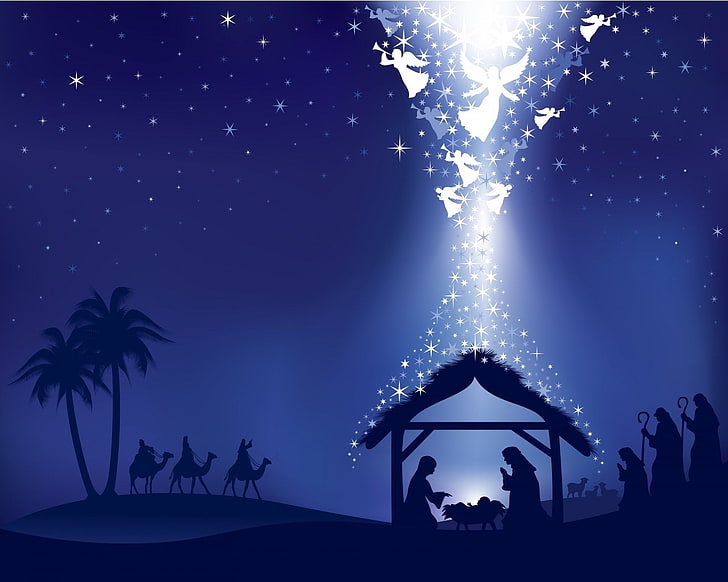 Праздник, Рождество, Ангел, Верблюд, Иисус, Мария (Мать Иисуса), Ночь, Звезда, Три Мудреца, HD обои