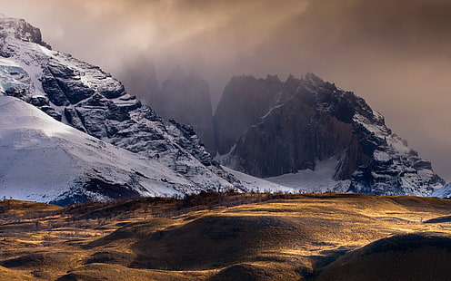 fond d'écran de montagne couverte de neige, nature, paysage, montagnes, Chili, Andes, collines, hiver, neige, brume, soleil, arbres, rocher, Fond d'écran HD HD wallpaper