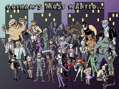 Batman, Bane (DC Çizgi Roman), Kedi Kadın, Joker, Bay Freeze (DC Çizgi Roman), Penguen (DC Çizgi Roman), Zehirli Sarmaşık, Riddler, Korkuluk (Batman), İki Yüzlü, HD masaüstü duvar kağıdı HD wallpaper