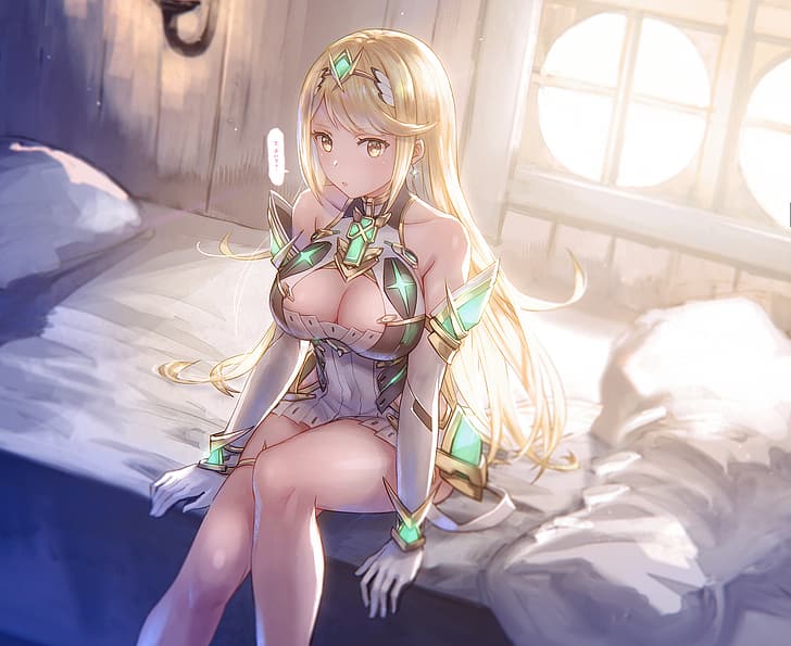 anime, anime girls, Xenoblade, Xenoblade Chronicles, Xenoblade Chronicles 2, Hikari (Xenoblade Chronicles 2), cleavage, dress, bed, HD wallpaper