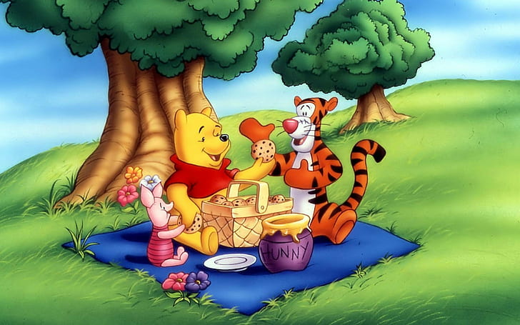 Winnie The Pooh Tigger und Ferkel Picknick Honey Pot Basket mit Gebäck 2560 × 1600, HD-Hintergrundbild