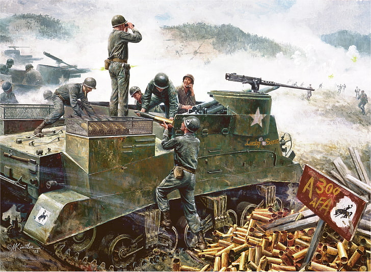 figure, art, American, South Korea, M. Kunstler., firing position, Hongchon, May 18, 1951, M7 &quot;Priest&quot;, self - propelled artillery, HD wallpaper