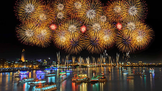 корабли, салют, Новый год, Тайвань, фейерверк, гавань, Тайбэй, HD обои HD wallpaper