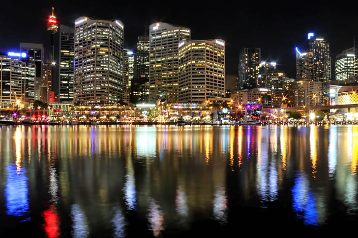 landscape photography of city buildings during nighttime, Darling Harbour, landscape photography, buildings, nighttime, travel, darling  harbour, sydney  australia, long  exposure, night, colours, cityscape, skyline, waterfront, water  city, city  nsw, canon, 1100d, reflections, reflection, travelling, urban Skyline, architecture, urban Scene, downtown District, illuminated, skyscraper, famous Place, dusk, HD wallpaper