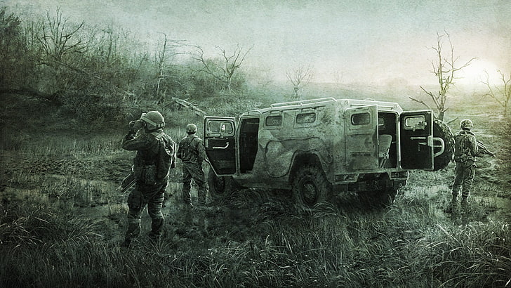 صورة رمادية لمركبة مدرعة وجنود ، نمر ، مستنقع ، جنود ، مطارد، خلفية HD