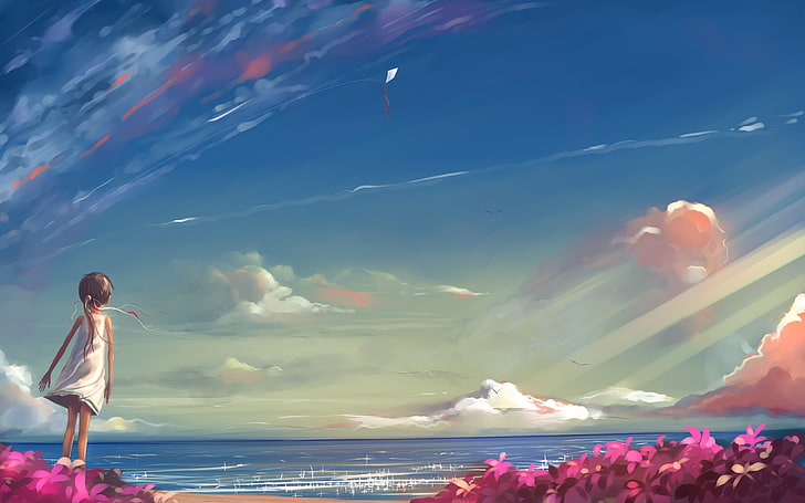 кафява коса женски аниме характер илюстрация, аниме, пейзаж, природа, небе, аниме момичета, облаци, море, HD тапет