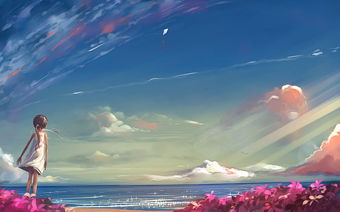 Ilustração de personagem de anime feminino de cabelos castanhos, paisagem, natureza, céu, meninas anime, nuvens, mar, HD papel de parede HD wallpaper