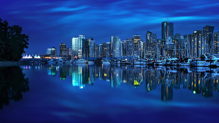 Vancouver, Colombie Britannique, Canada, yacht, baie, réflexion, bâtiments, nuit de la ville, Vancouver, Colombie Britannique, Canada, Yacht, Baie, Réflexion, Bâtiments, Ville, Nuit, Fond d'écran HD