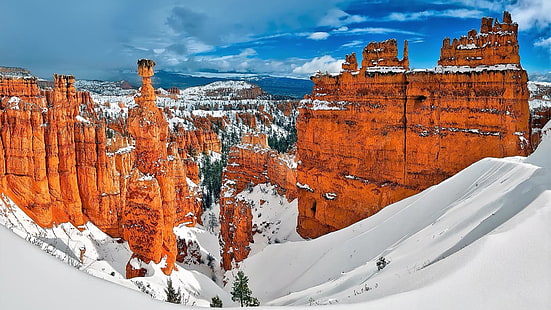 gorge, winter, utah, united states, bryce canyon, national park, bryce canyon national park, snow, rock formation, rock, view, HD wallpaper HD wallpaper
