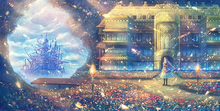 anime girl, fantasy, leaves, shiny, castle, Anime, HD wallpaper