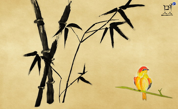 Pintura de pássaro chinês, bambu preto e ilustração de pássaro amarelo, Vintage, Pássaro, Chinês, Pintura, HD papel de parede
