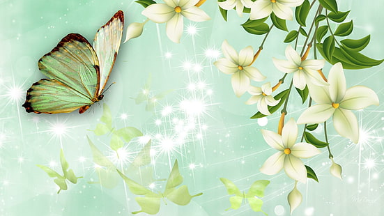 Ever So Delicate, нежный, звезды, бабочка, зелень, цветы, весна, блестки, свежие, бабочки, лето, животные, HD обои HD wallpaper