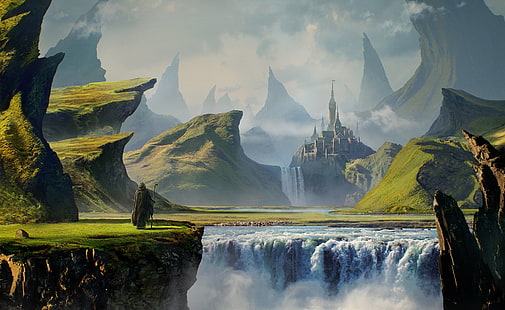 ponury żniwiarz stojący na klifie tapeta cyfrowa, krajobraz, sztuka cyfrowa, rzeka, góry, zamek, sztuka fantasy, wodospad, natura, skała, mężczyźni, chmury, DeviantArt, Tapety HD HD wallpaper