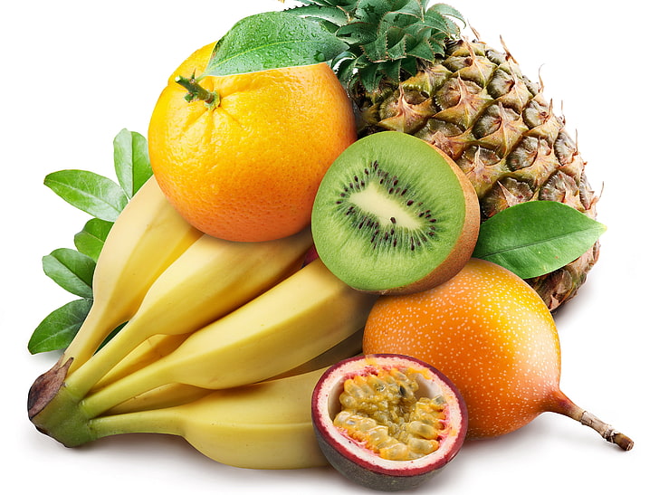 several fruits, kiwi, bananas, pineapple, fruit, HD wallpaper